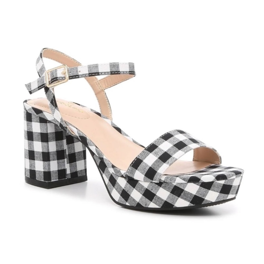 New Bandolino Gingham Black White Checkered Block Heel Ankle Strap Sandals